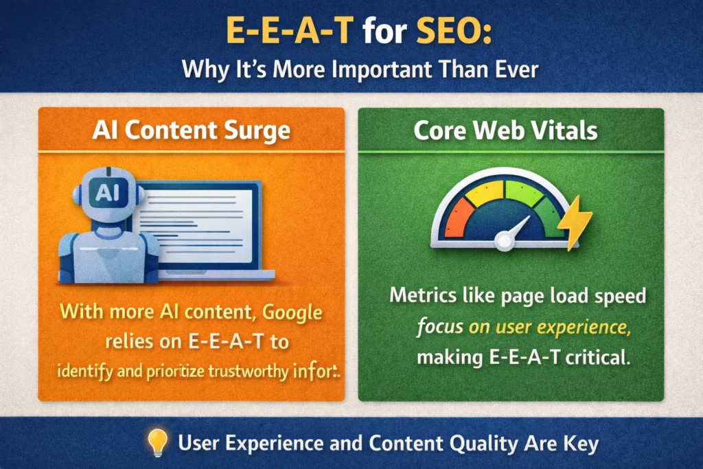 Visual representation of E-E-A-T for SEO, emphasizing its growing importance with icons for experience, expertise, authoritativeness, and trustworthiness, and a focus on improving search rankings.