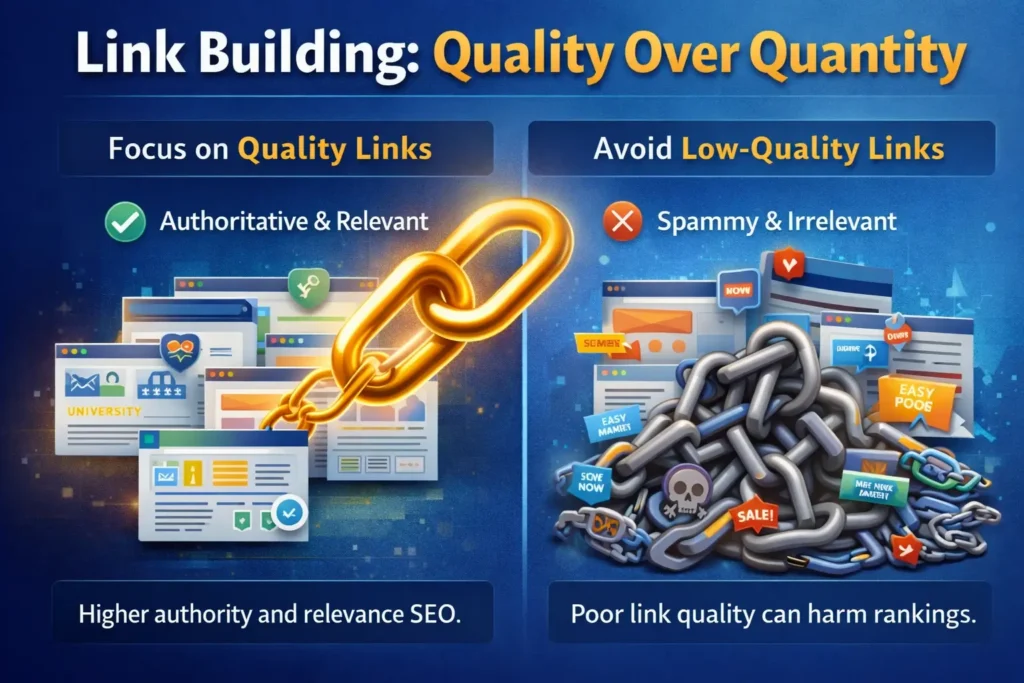 "Infographic illustrating 'Link Building: Quality Over Quantity,' with visual contrasts between high-quality authoritative links (golden chains) and low-quality spammy links (gray broken chains), highlighting the importance of relevant and authoritative backlinks for SEO."