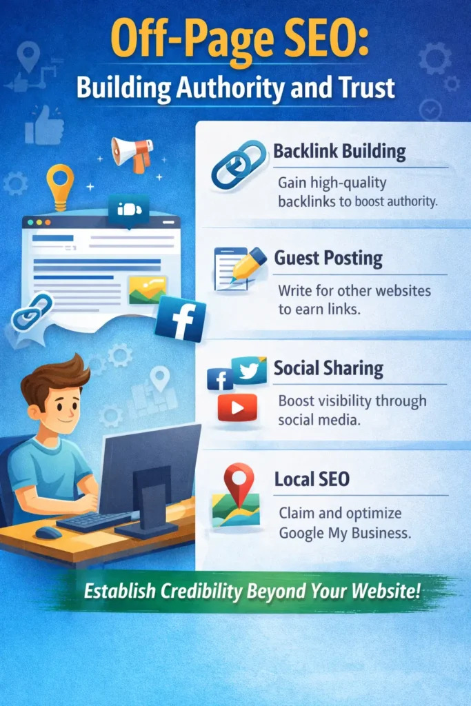 Infographic titled "Off-Page SEO: Building Authority and Trust" showcasing key off-page SEO tactics like Backlink Building, Guest Posting, Social Sharing, and Local SEO with corresponding icons and descriptions.