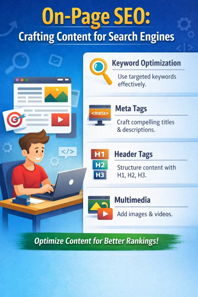 Infographic titled "On-Page SEO: Crafting Content for Search Engines" showcasing key SEO elements like Keyword Optimization, Meta Tags, Header Tags, and Multimedia with icons and descriptions.