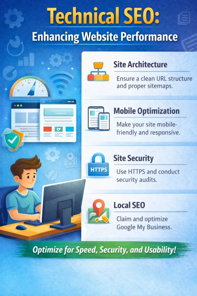 Infographic titled "Technical SEO: Enhancing Website Performance" highlighting key elements like Site Architecture, Mobile Optimization, Site Security, and Local SEO with corresponding icons and descriptions.