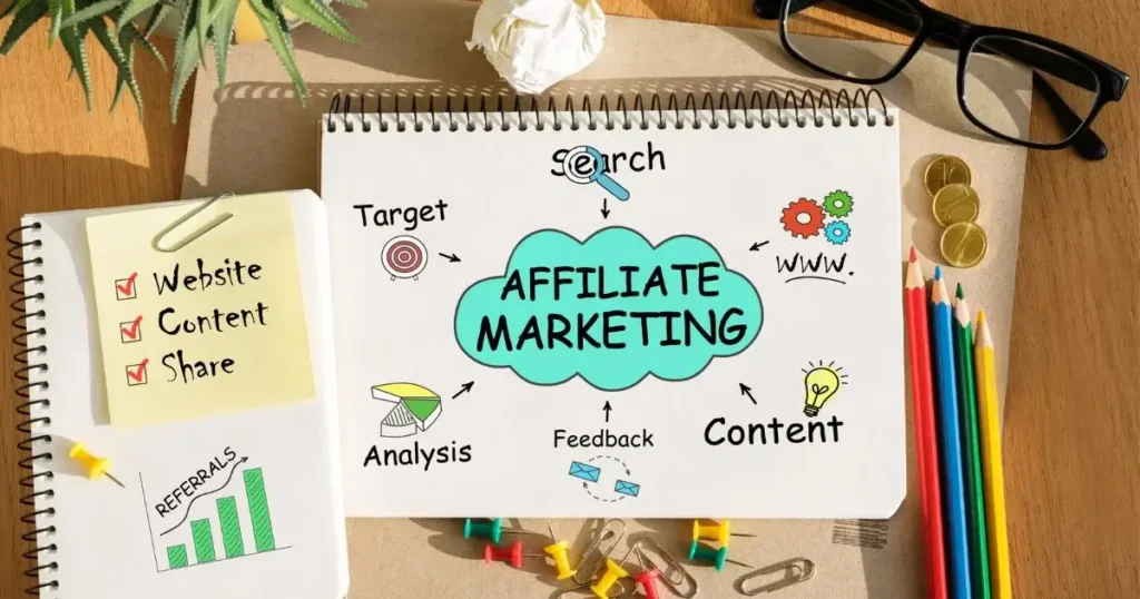Affiliate Marketing has been written while its components are mentioned in fancy design