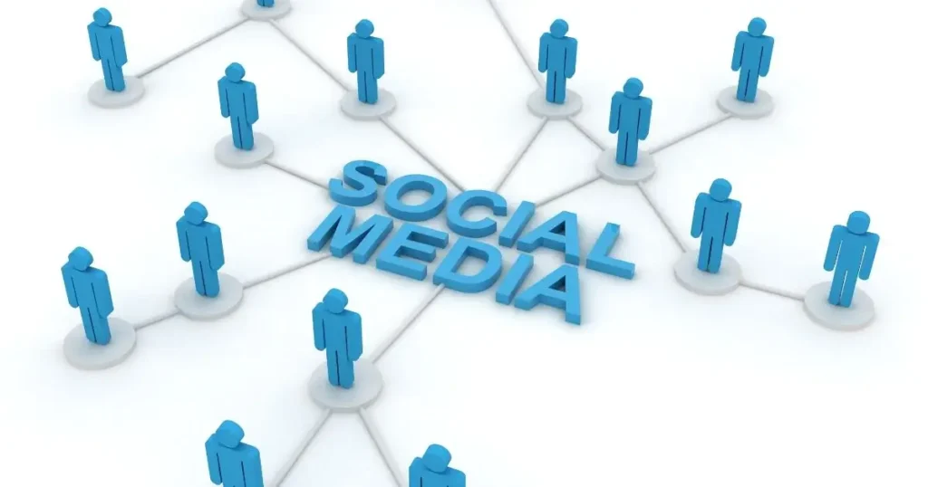 Social Media is written in the center while the statues of people connect with each other
