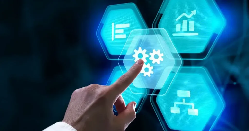 A man's hand presses the elements on the telescreen showing Marketing Automation