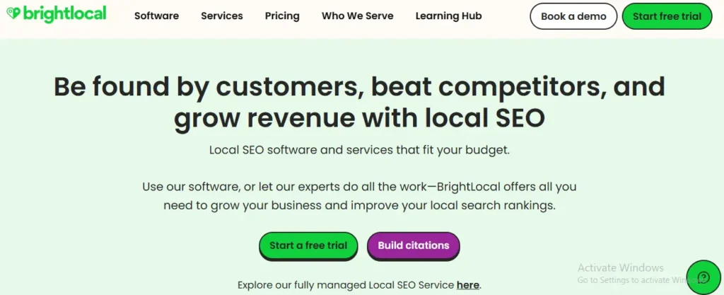 BrightLocal homepage hero section with the headline “Be found by customers, beat competitors, and grow revenue with local SEO,” navigation menu, and buttons for “Start a free trial” and “Build citations.