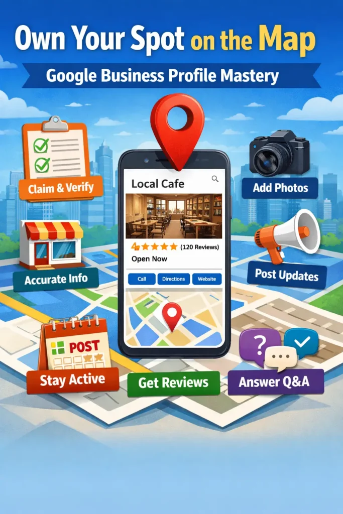 Infographic illustrating key Google Business Profile features for Local SEO mastery, including Claim & Verify, Add Photos, Post Updates, Get Reviews, Stay Active, and Answer Q&A."