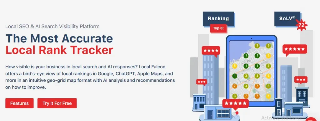 Local Falcon landing page promoting a local SEO and AI search visibility platform, featuring the headline “The Most Accurate Local Rank Tracker,” descriptive text, feature buttons, and an illustration of a map-based rank tracker on a tablet surrounded by rating icons.