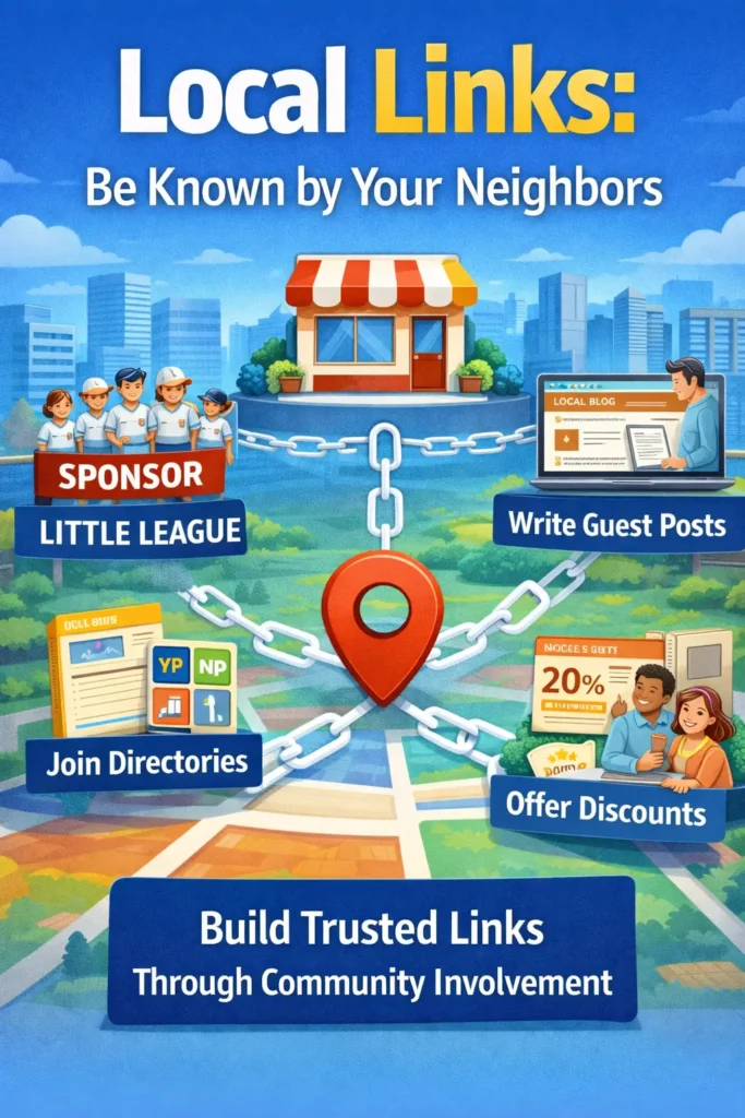 "Infographic highlighting the importance of local links in SEO, featuring visuals of community involvement, event sponsorships, guest posts, and local business collaborations."