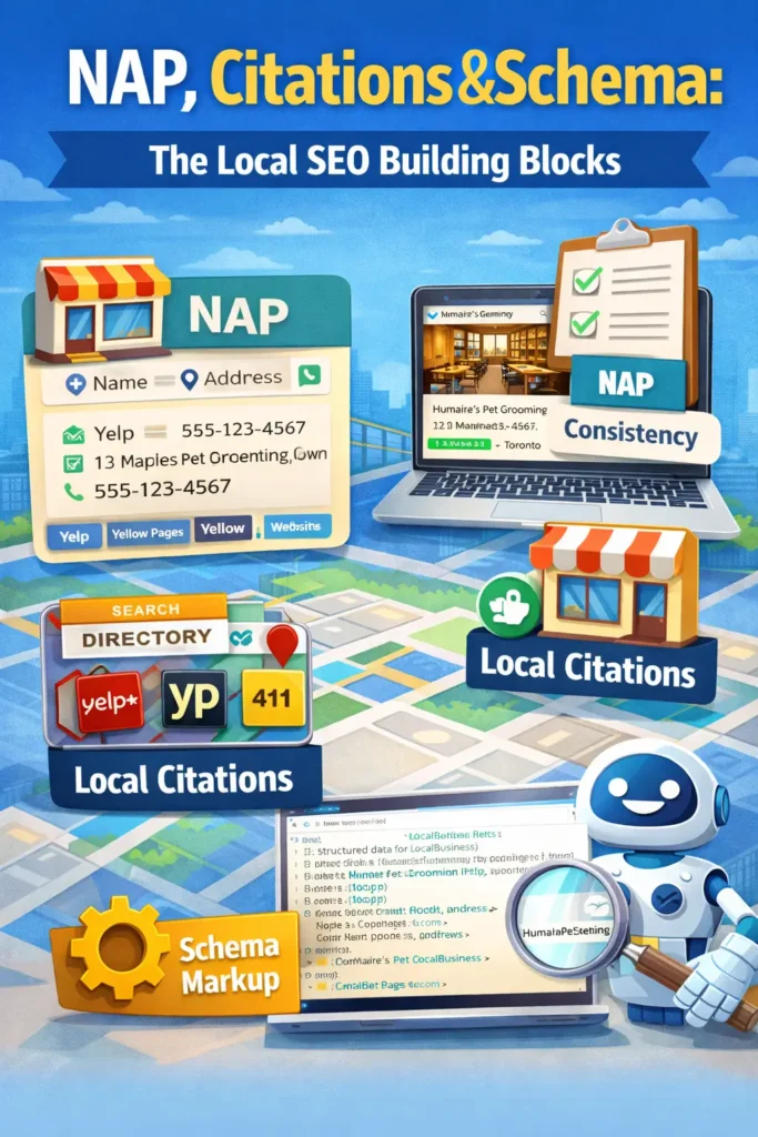 "Infographic illustrating the importance of NAP consistency, local citations, and schema markup in Local SEO, with visual examples of business listings, directories, and structured data."