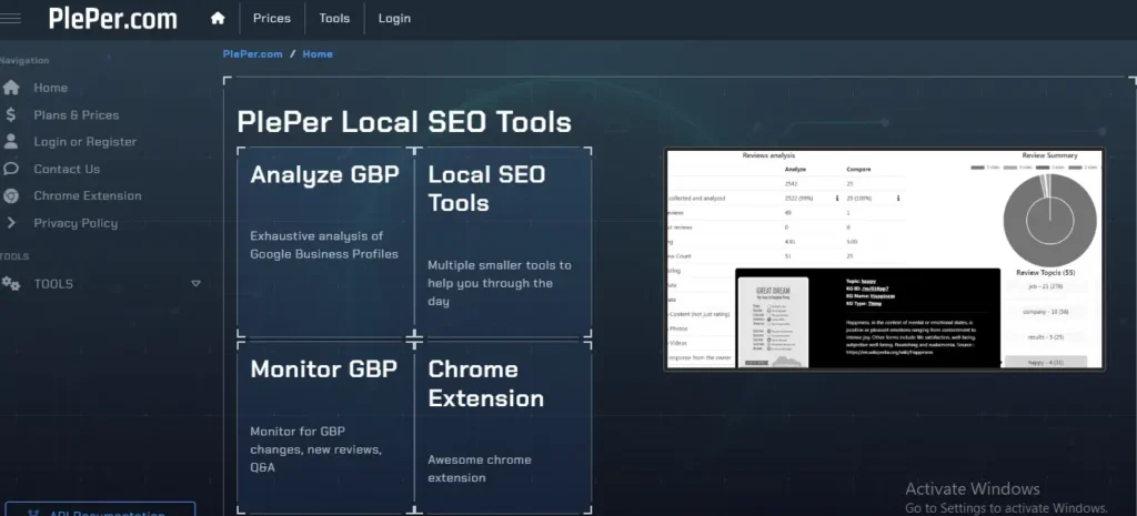 PlePer.com local SEO tools page showing navigation menus, sections for Analyze GBP, Local SEO Tools, Monitor GBP, and Chrome Extension, with a review analysis dashboard preview on the right.