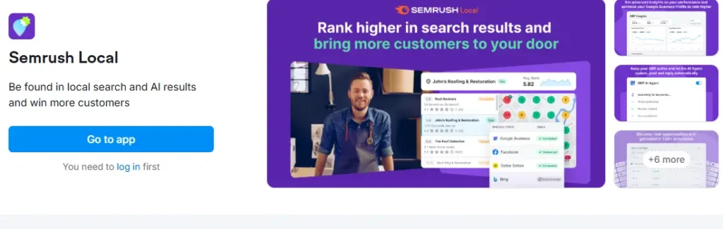 Semrush Local app listing with the text “Be found in local search and AI results and win more customers,” a blue “Go to app” button, and a promotional banner showing local search ranking features.