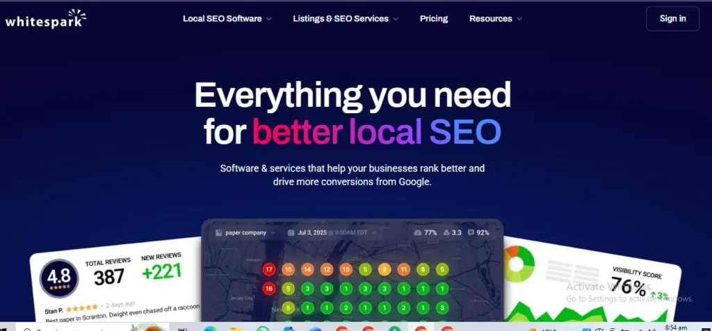 Whitespark homepage with the headline “Everything you need for better local SEO,” navigation links, sign-in button, and visuals showing review metrics, local rank tracking map, and visibility score dashboard.