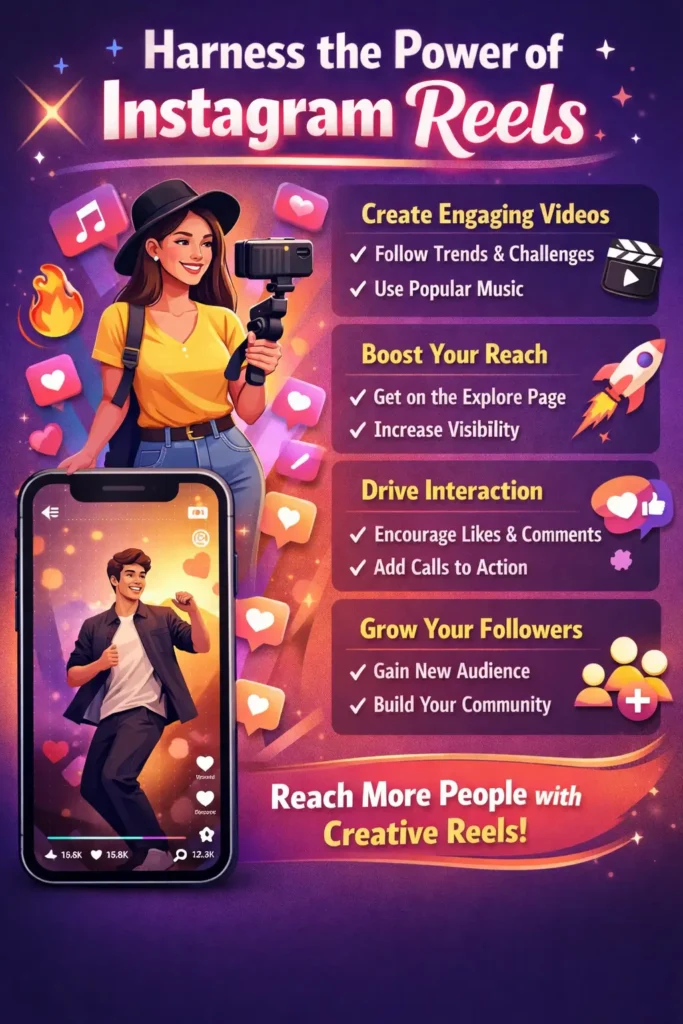 An infographic highlighting key tips for harnessing the power of Instagram Reels, featuring vibrant icons and text for maximizing reach with engaging short-form videos.