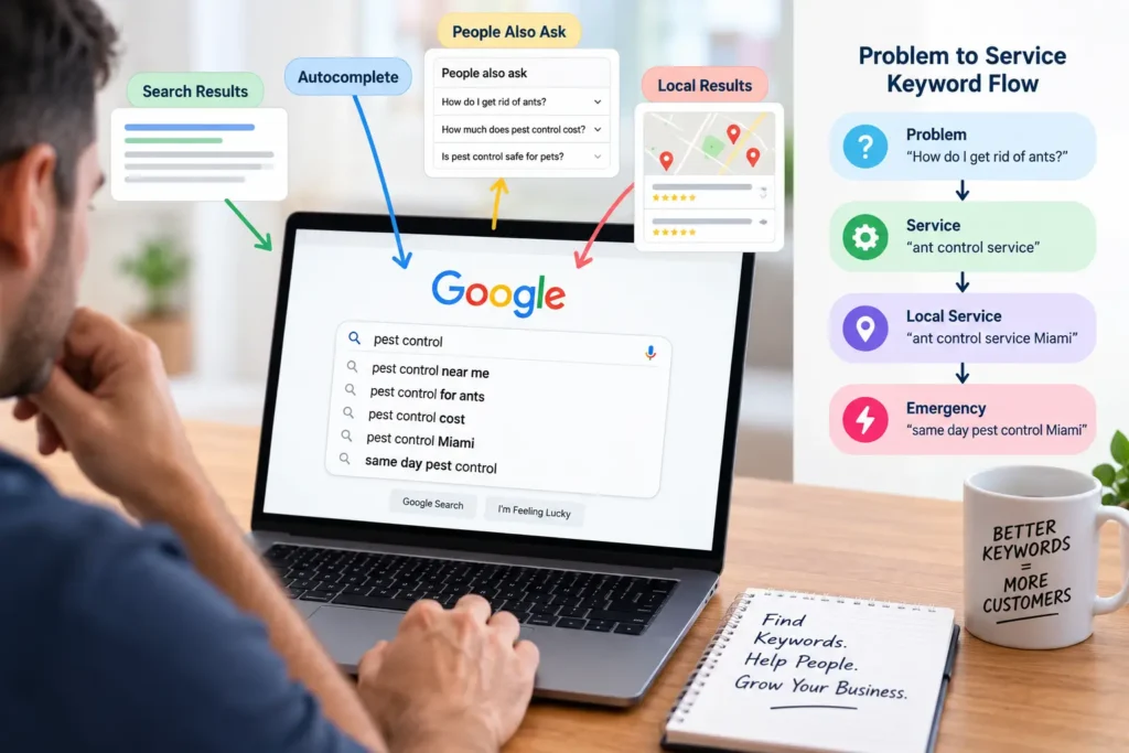 Business owner researching pest control keywords on Google, with examples of autocomplete, People Also Ask, local results, and a problem-to-service keyword flow.