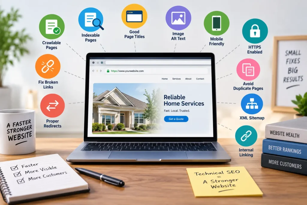 Laptop displaying a home service website surrounded by technical SEO elements including crawlability, indexing, mobile usability, HTTPS, redirects, sitemap, and internal linking.