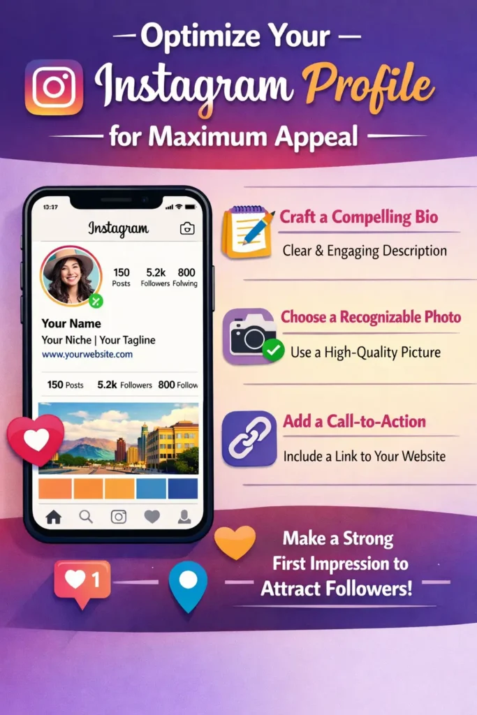 An Instagram profile page highlighting key areas for optimization: a clear bio, high-quality profile picture, and organized layout, designed for maximum appeal.