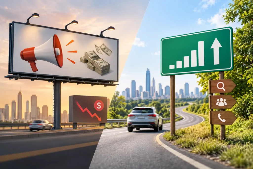 Comparison of paid advertising and SEO, showing how SEO can create long-term visibility and guide customers toward a business.