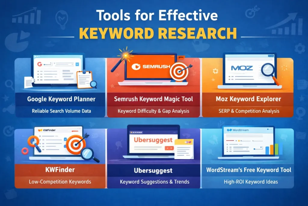Tools for effective keyword research illustration featuring Google Keyword Planner, SEMrush, Moz, Ubersuggest, and KWFinder used to analyze search volume, keyword difficulty, competition, and SEO opportunities.