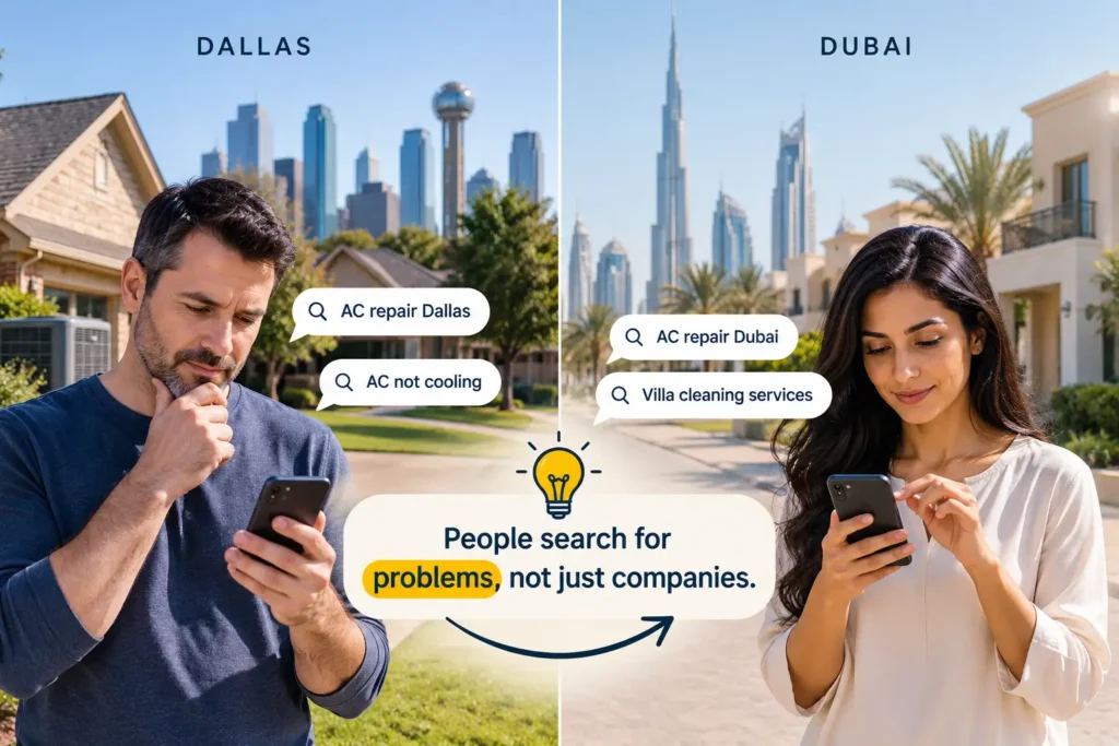 Homeowners in Dallas and Dubai using smartphones to search for home services, showing how customers search for problems and services online.