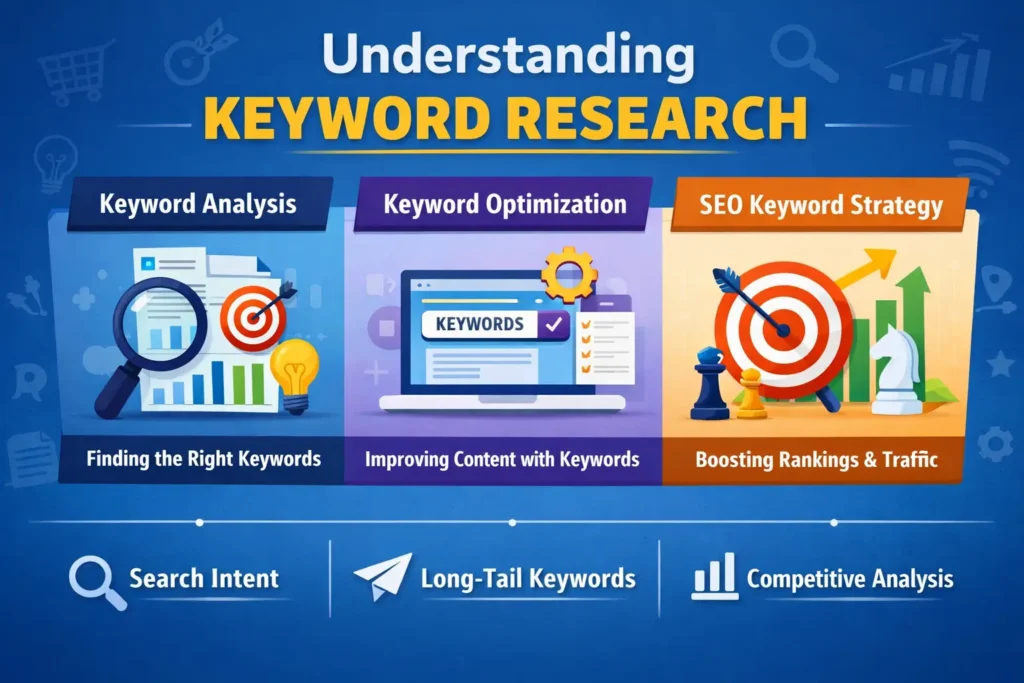 Understanding keyword research infographic showing keyword analysis, keyword optimization, and SEO keyword strategy to improve search intent, long-tail keywords, rankings, and organic traffic growth.