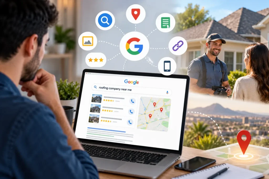 Local SEO connecting a homeowner searching for a roofing company with nearby service providers through Google Search and Maps.