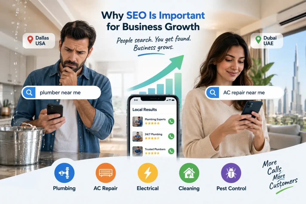 SEO helping Dallas and Dubai home service businesses connect with local customers searching for plumbing and AC repair services.