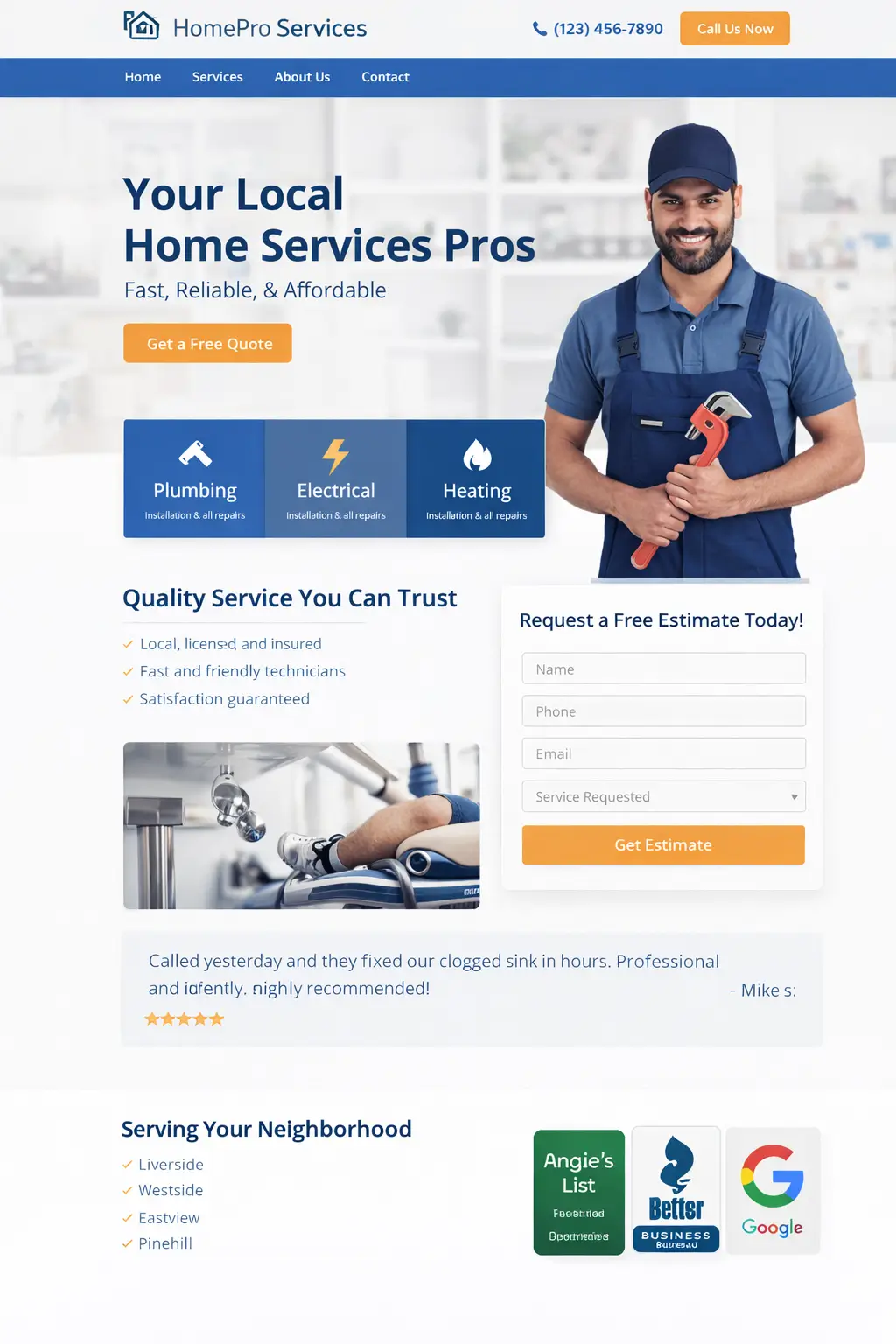 Local home services website design featuring plumbing, electrical, and heating services with call-to-action buttons