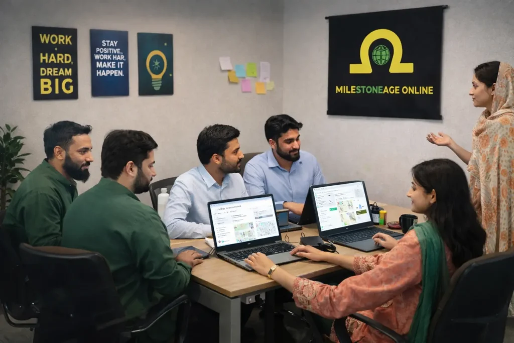 startup team working on Local SEO strategies in a modern open office with wooden desks, laptops showing Google Maps business listings, and a Milestone Age Online banner on the wall.