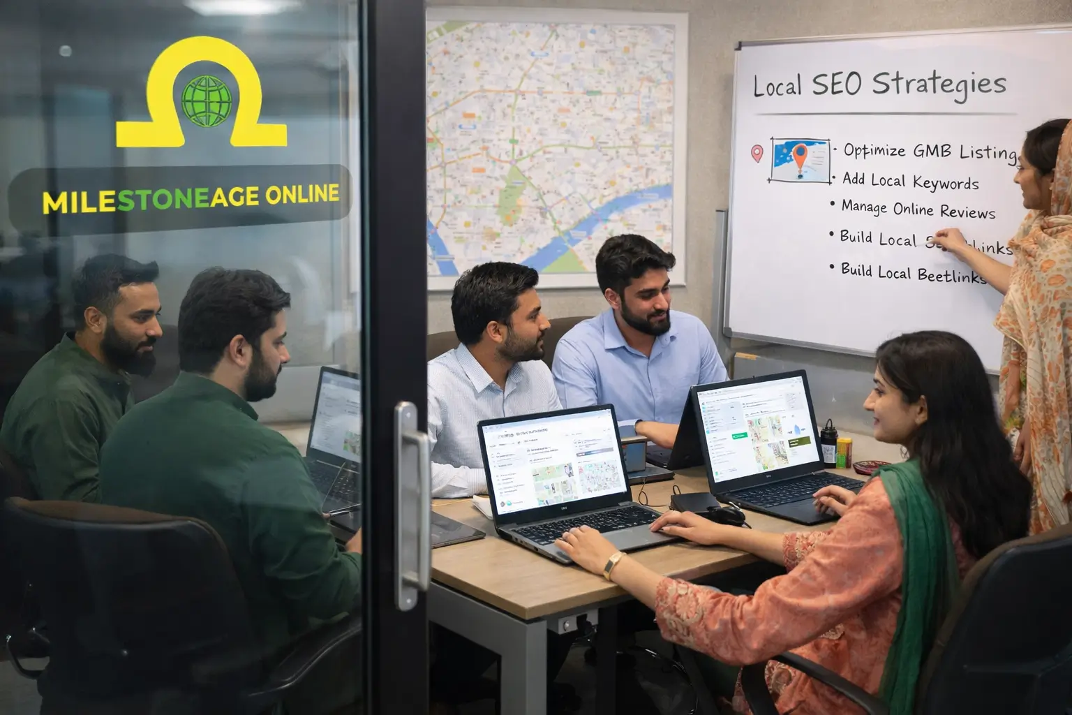 Office team in Pakistan working on Local SEO strategies, with the MilestoneAge Online logo displayed on a glass door and employees using laptops to manage Google My Business listings and local search optimization.