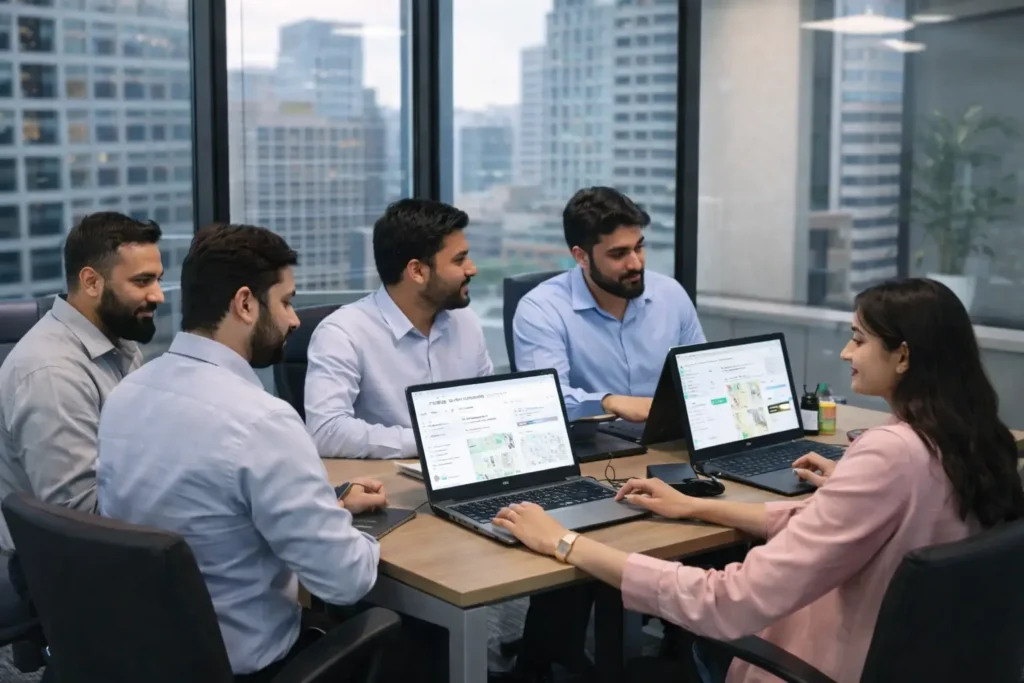 Team meeting with cityscape backdrop