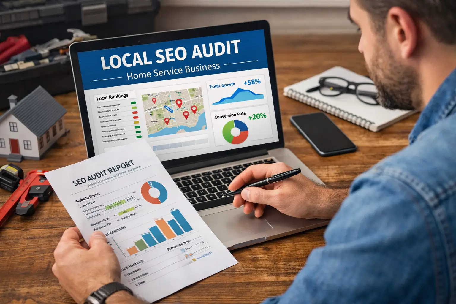 a man is doing a local SEO audit for home service business