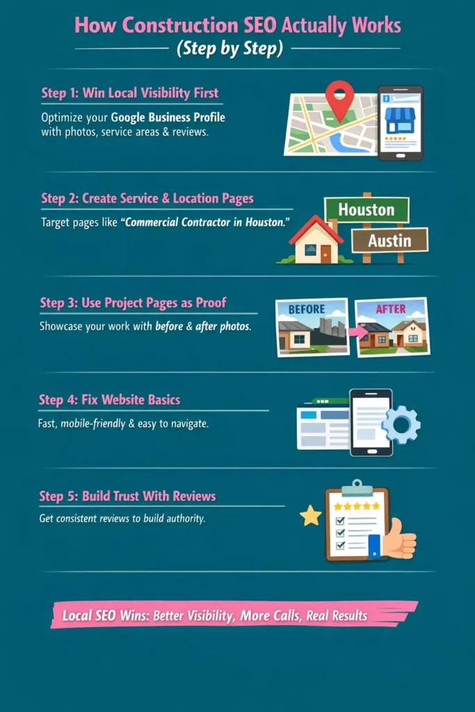 Construction SEO steps infographic showing local SEO, service pages, project proof, website basics, and reviews for contractors.