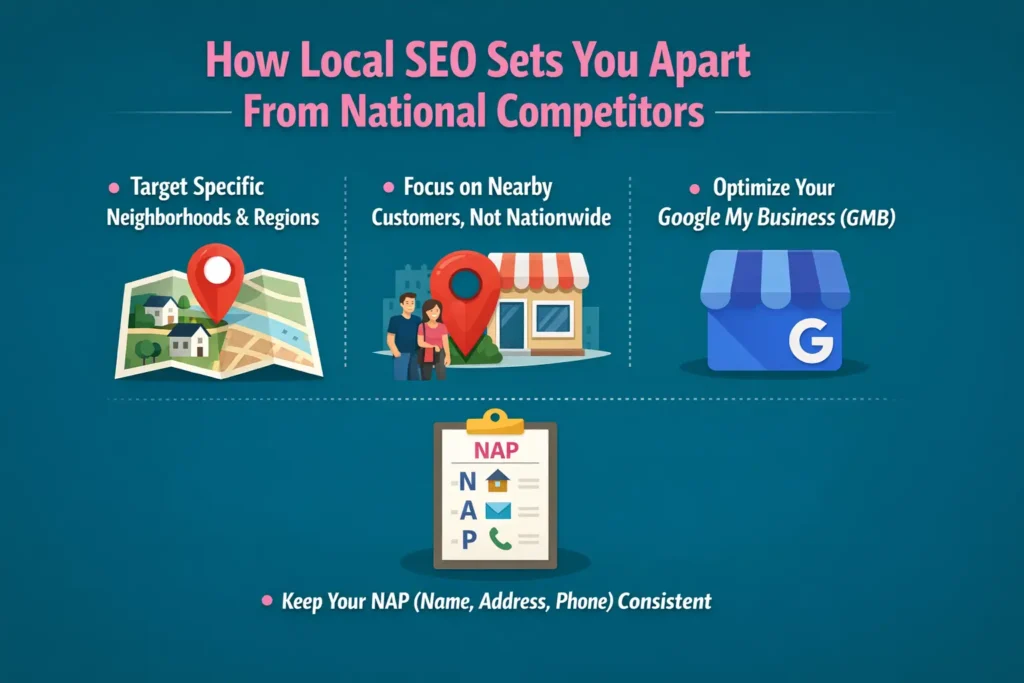 Infographic titled “How Local SEO Sets You Apart From National Competitors” with deep teal background and pink headline text, featuring icons for neighborhood targeting, nearby customer focus, Google Business profile optimization, and consistent NAP (Name, Address, Phone) information for stronger local search visibility.