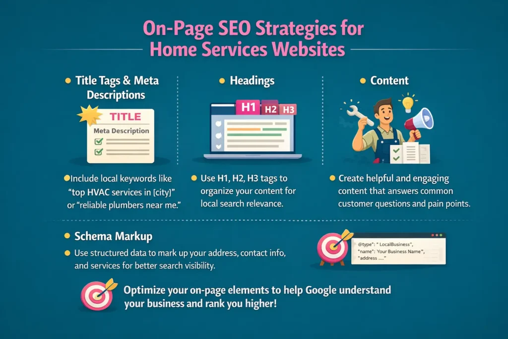 On-page SEO infographic for home services websites with deep teal background and pink headline, showing icons for title tags and meta descriptions, heading structure (H1-H3), helpful content optimization, and schema markup strategies for better local search visibility.