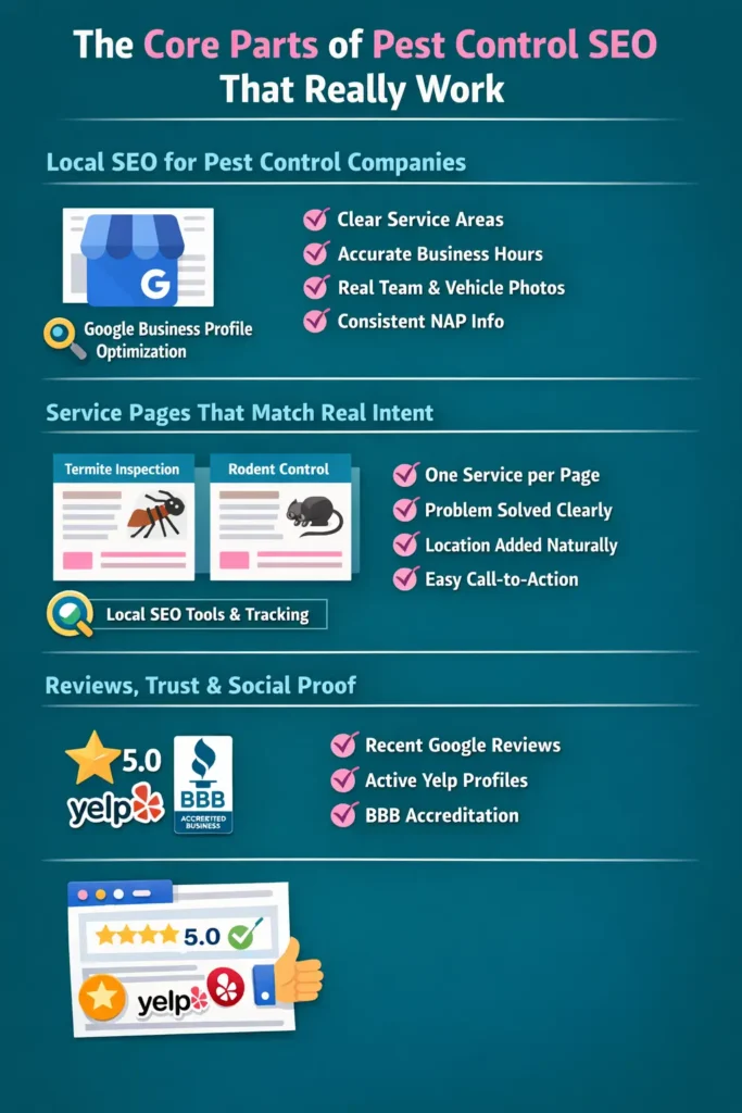 Infographic showing core parts of pest control SEO, including local SEO, Google Business Profile optimization, service pages, and reviews that drive local calls.