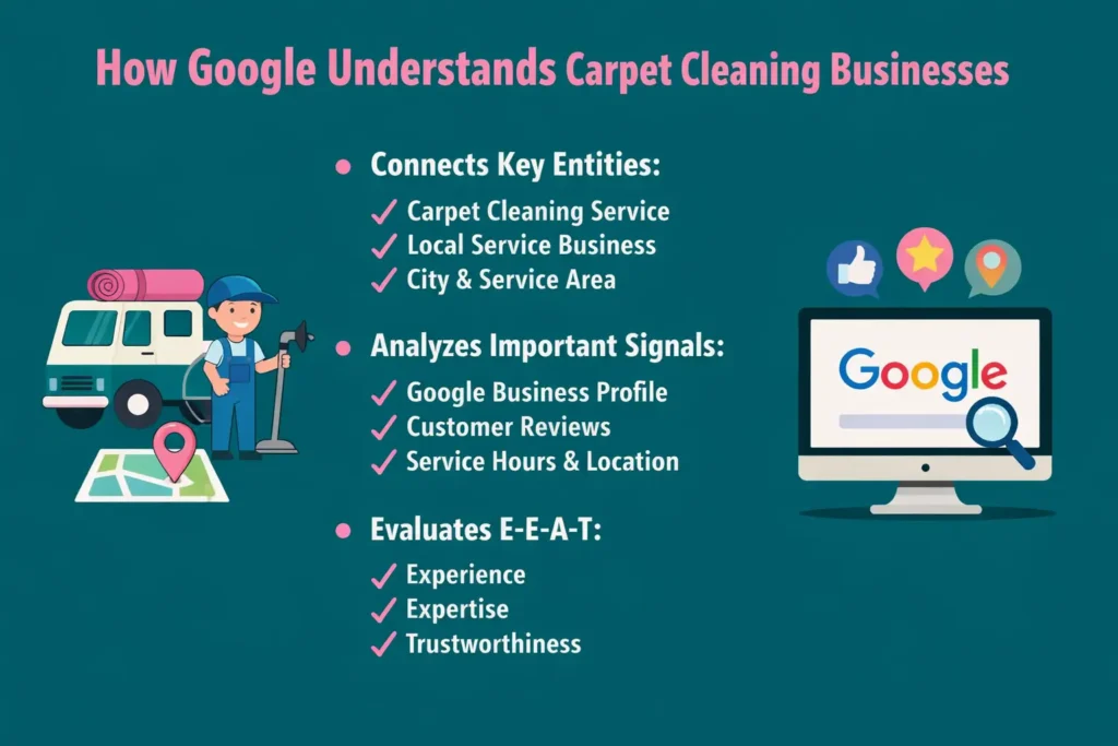 Infographic showing how Google understands carpet cleaning businesses, highlighting entities, Google Business Profile, reviews, service area, and E-E-A-T signals on a teal background.