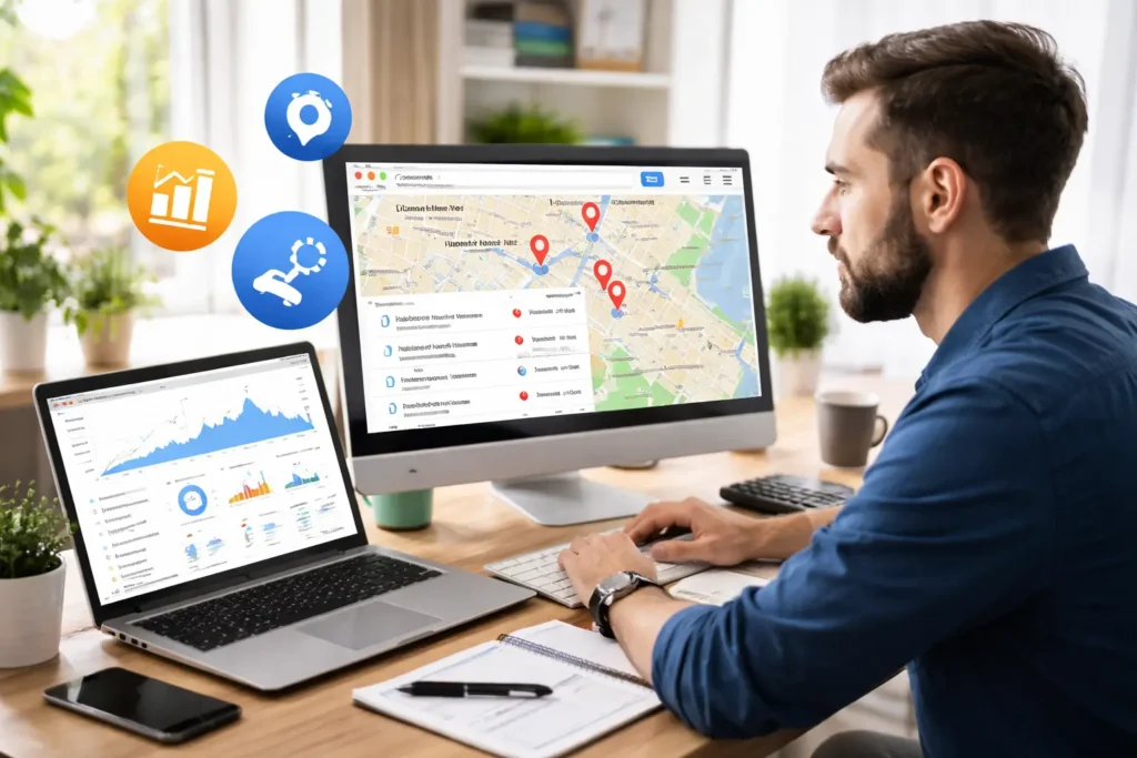 SEO expert improving local rankings for a plumbing business desk.