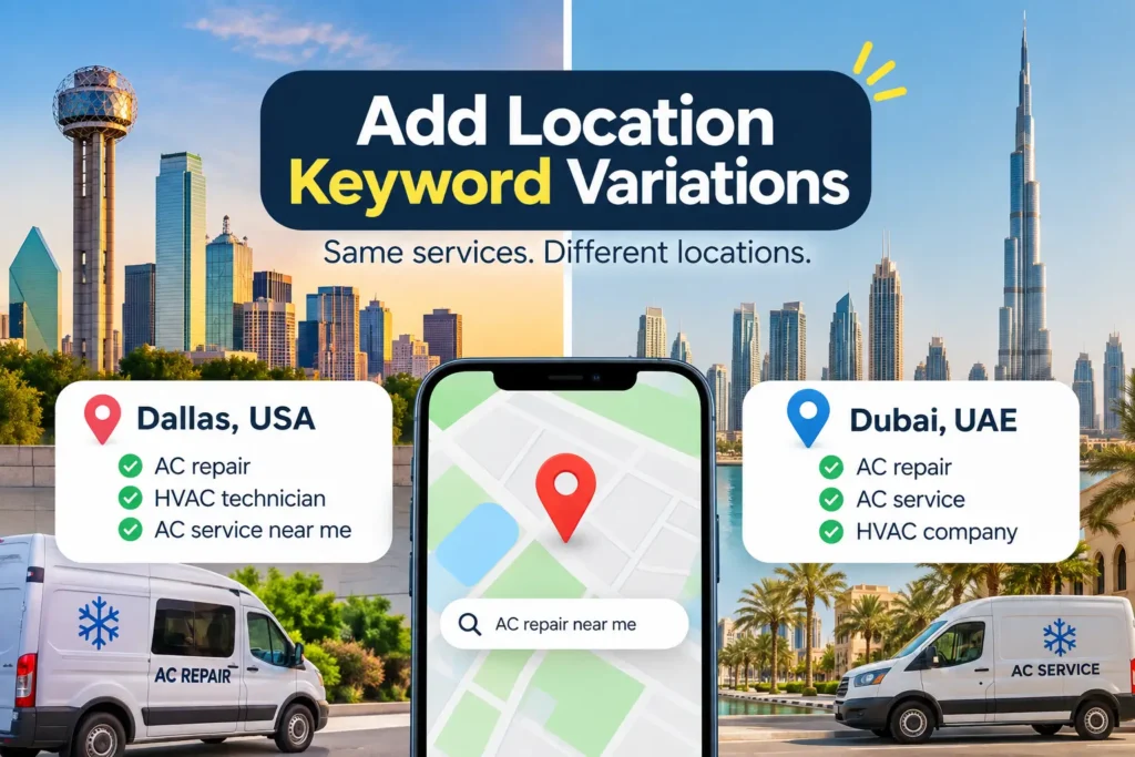 Dallas and Dubai home service examples showing how location-based keyword variations target local searches.