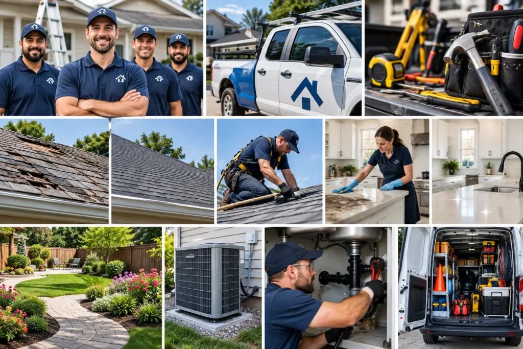 Collage of real home service business photos showing workers, branded vehicles, tools, roof repairs, house cleaning, landscaping, HVAC equipment, plumbing work, and a service van.