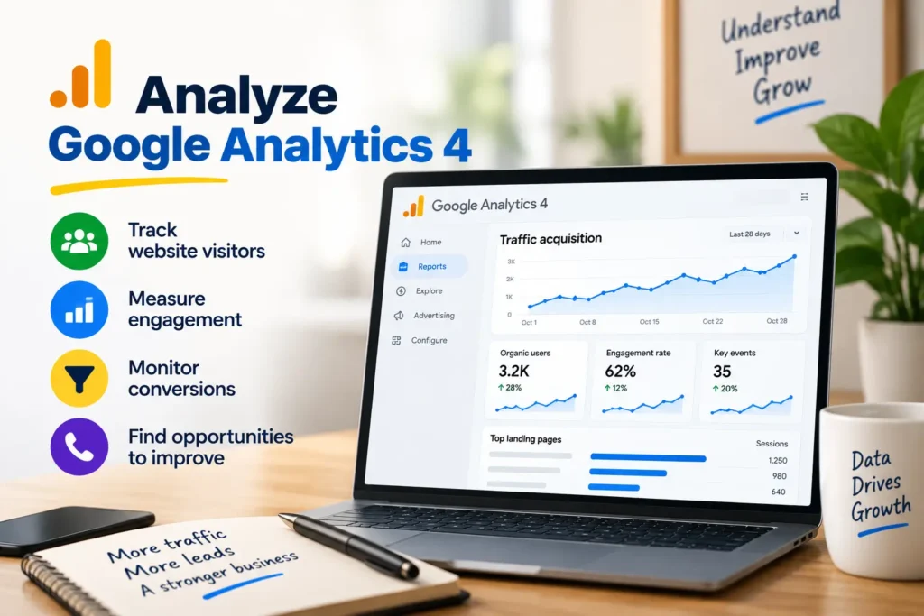 Google Analytics 4 dashboard showing organic users, engagement rate, key events, traffic trends, and top landing pages.