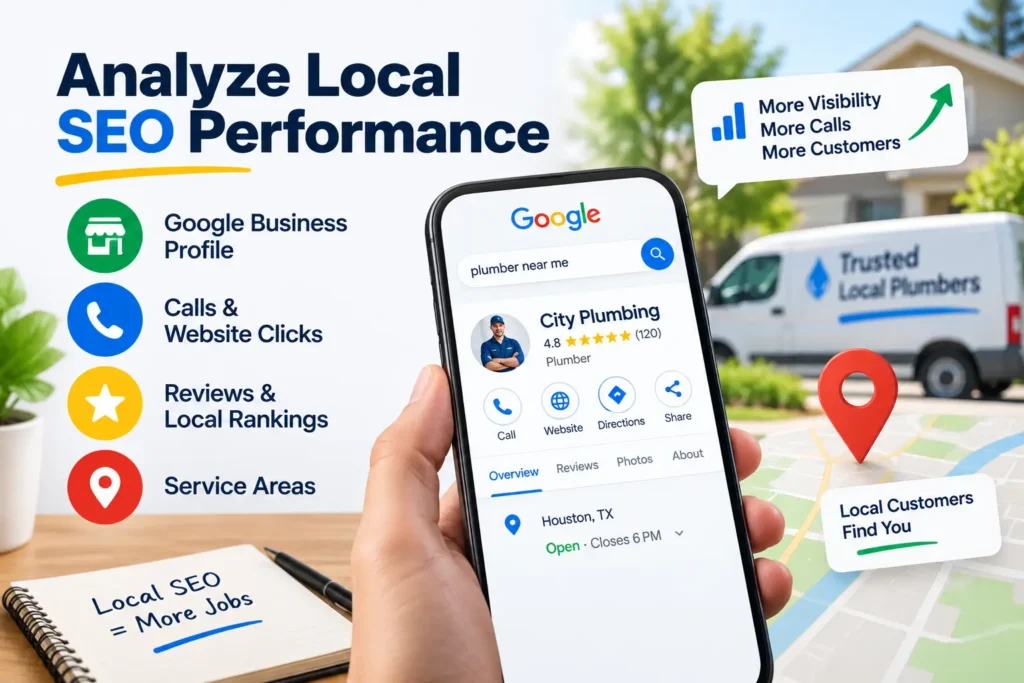 Local SEO performance for a plumbing business showing Google Business Profile, calls, website clicks, reviews, local rankings, and service areas.