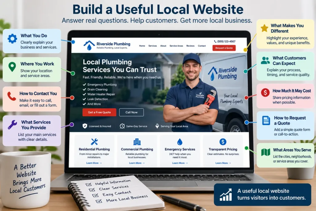 Laptop displaying a local plumbing website with services, service areas, contact details, pricing information, customer expectations, and quote options.