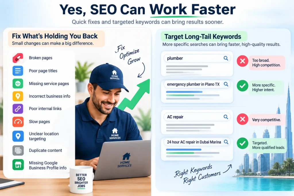 SEO infographic showing quick ways to improve results, including fixing website issues and targeting specific long-tail keywords for local home service businesses.