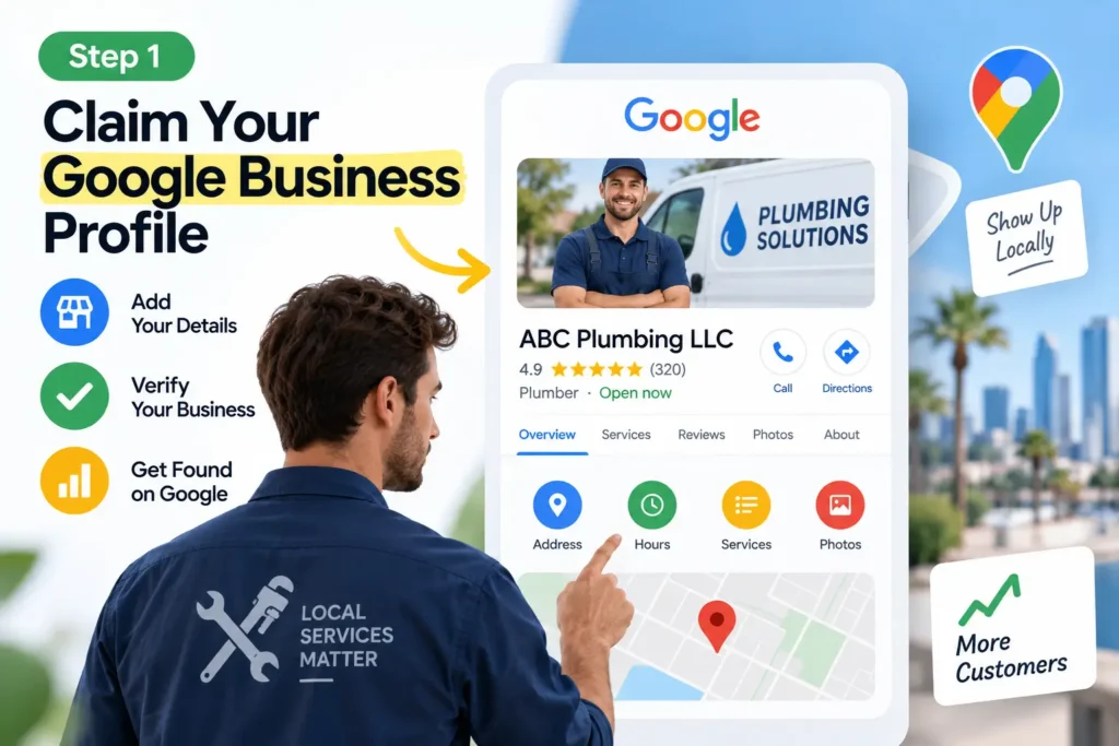 Google Business Profile setup for a local plumbing company with business details, services, photos, reviews, and map location.
