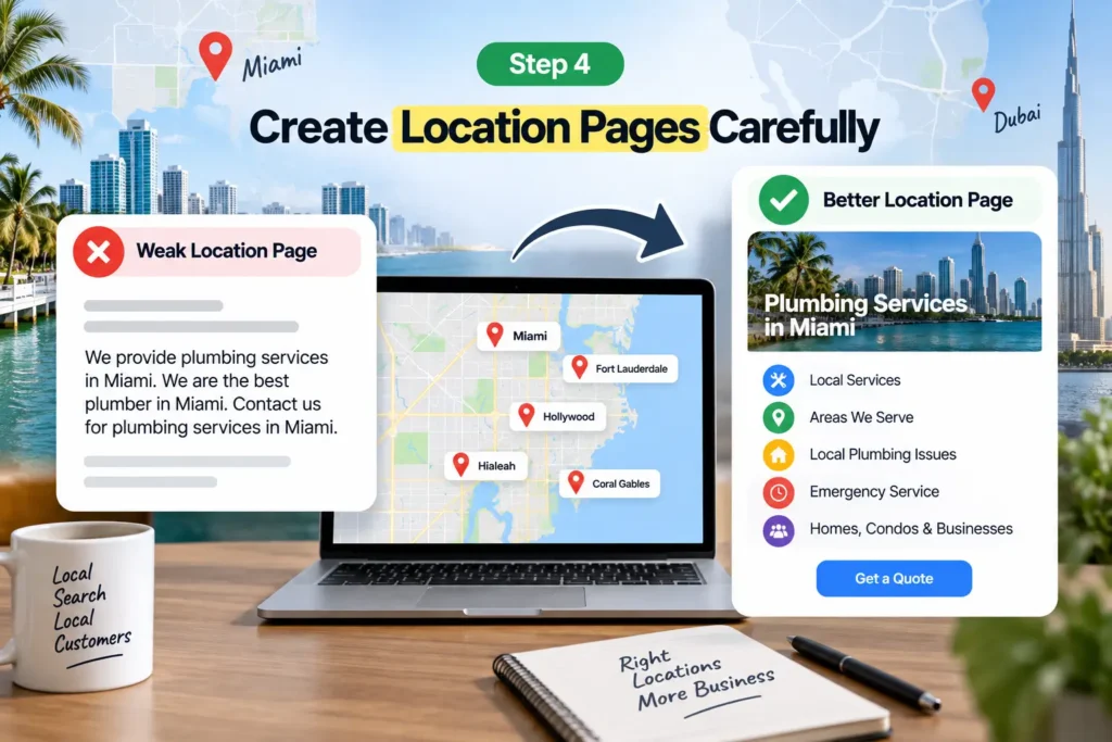 Location page SEO example comparing a weak Miami plumbing page with a useful page covering local services and areas served.