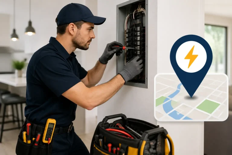 Electrician repairing a breaker panel with tools and a local map pin, representing local SEO for electrical services.