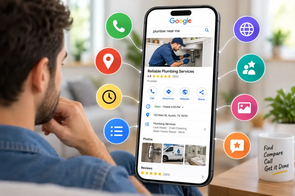 Customer viewing a home service company’s Google Business Profile on a smartphone with reviews, services, hours, location, photos, and contact options.