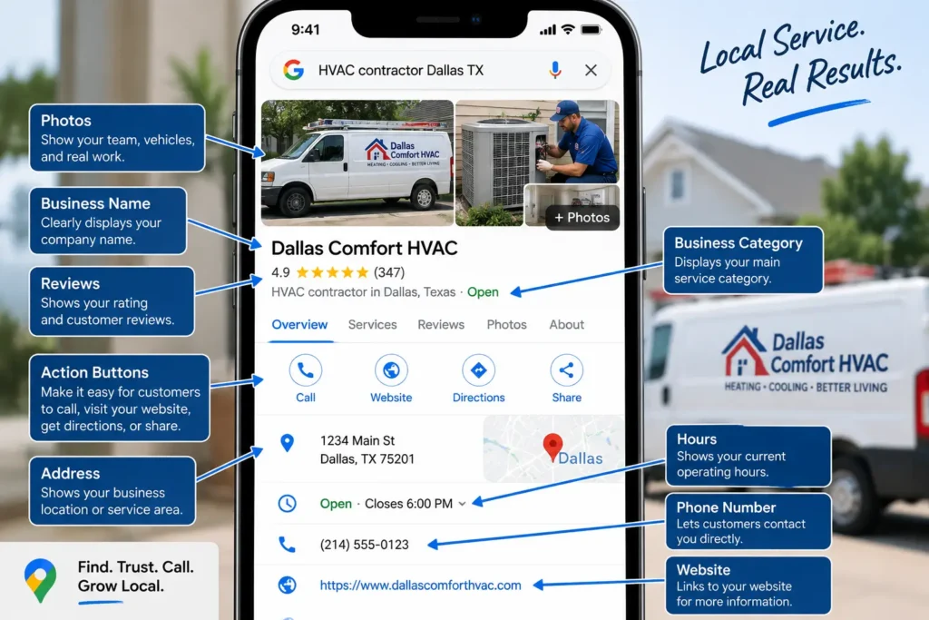 Google Business Profile example for a Dallas HVAC contractor showing business photos, name, reviews, category, action buttons, address, hours, phone number, and website.