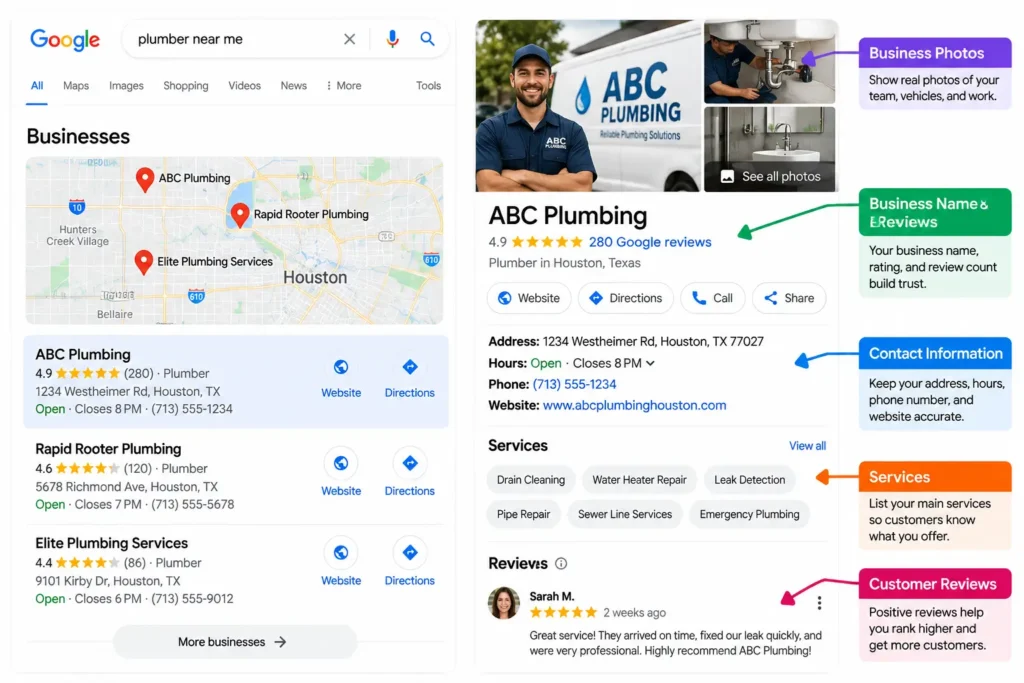 Local SEO service-area map showing a Houston home services company serving nearby neighborhoods within a 20-mile radius.