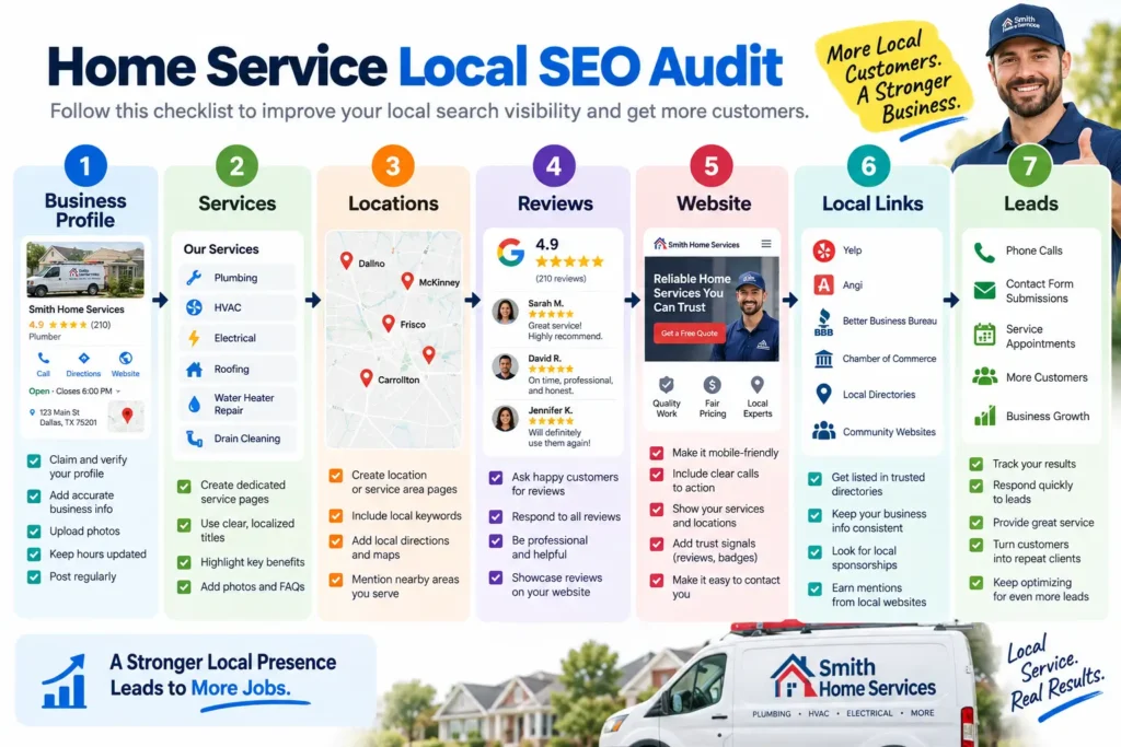 Home service local SEO audit checklist showing seven steps: Business Profile, Services, Locations, Reviews, Website, Local Links, and Leads.